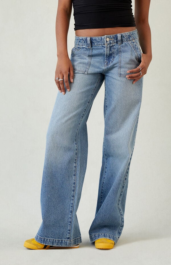 Pacsun Casey Low Rise Baggy Jeans Button Pocket Medium Blue