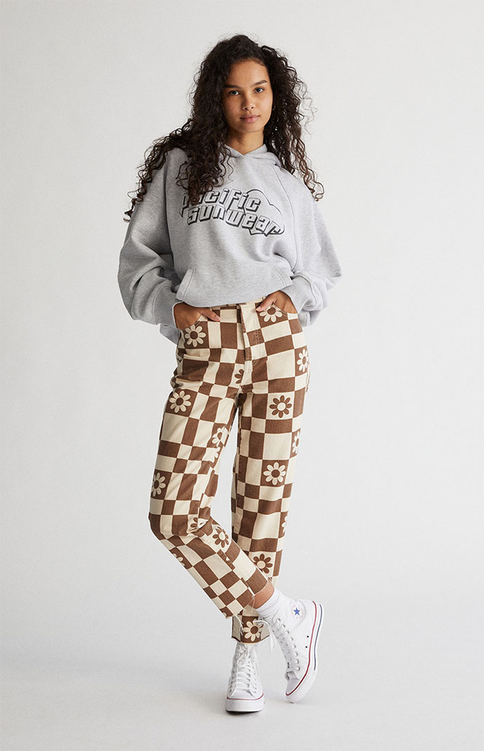 PacSun Eco Flower Checkerboard High Waisted Straight Leg Jeans PacSun