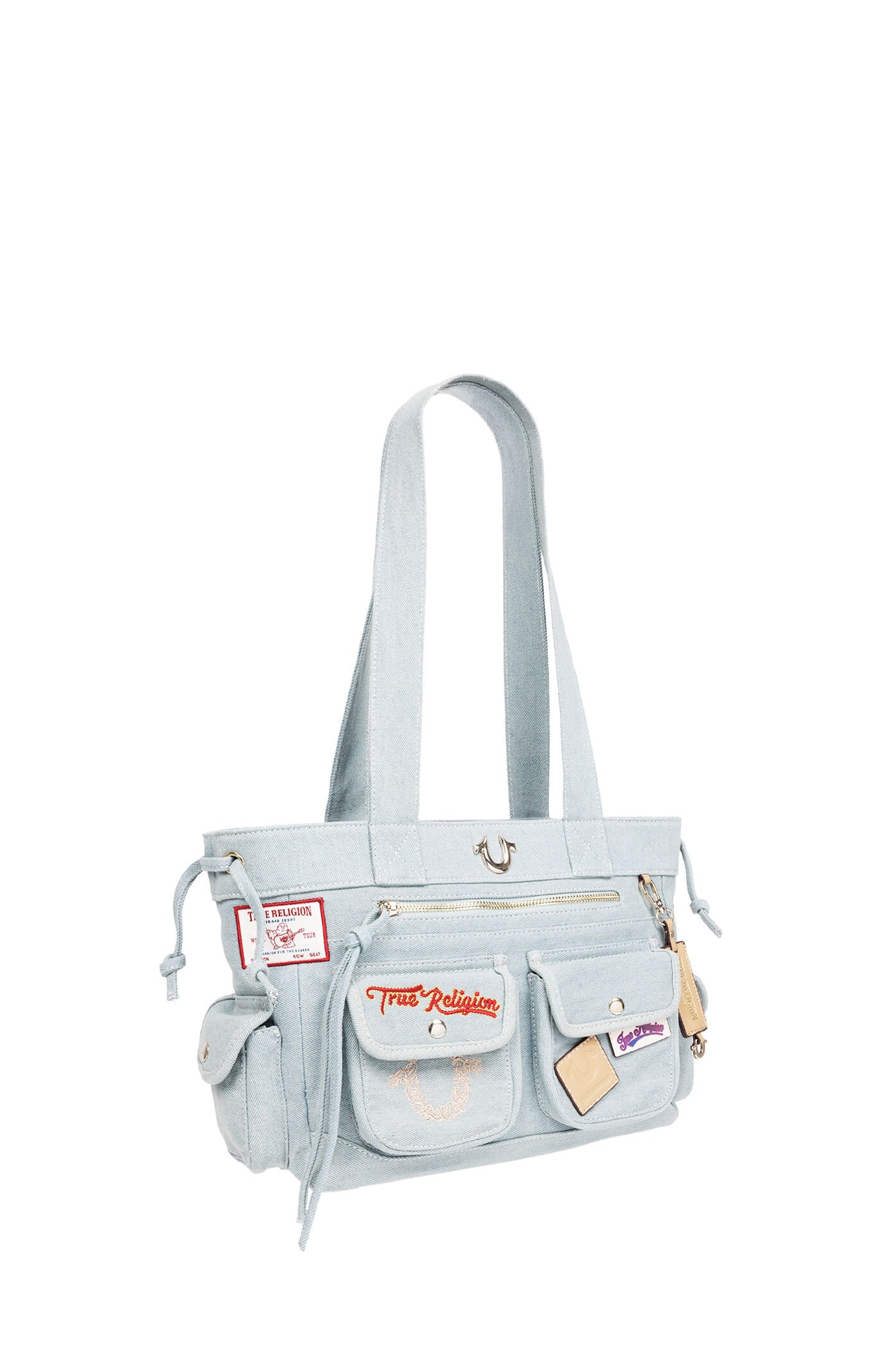 True Religion Blue Denim Multi Patch Tote Bag