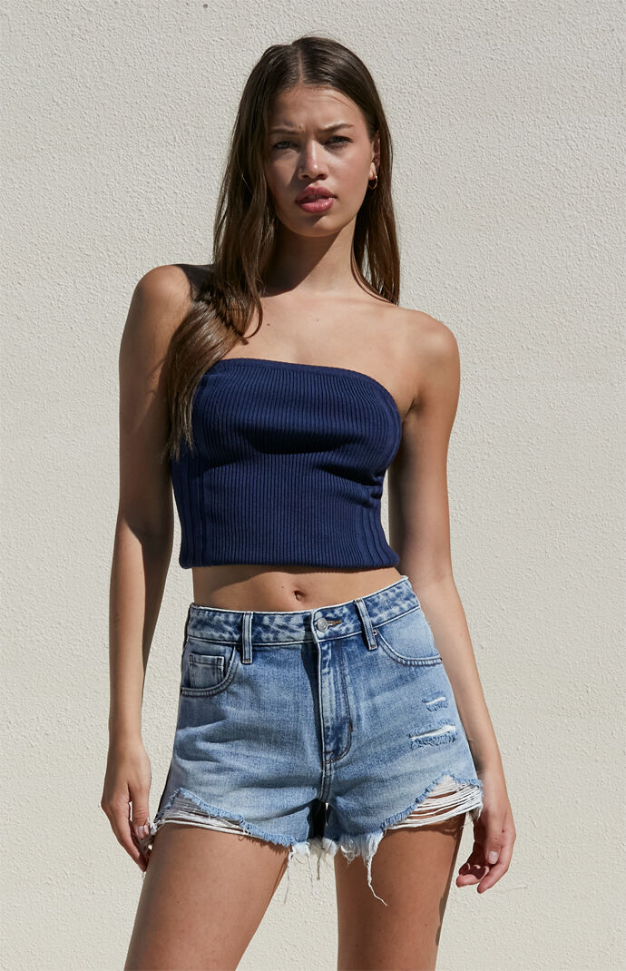 Pacsun Light Indigo Ripped High Waisted Denim Festival Shorts
