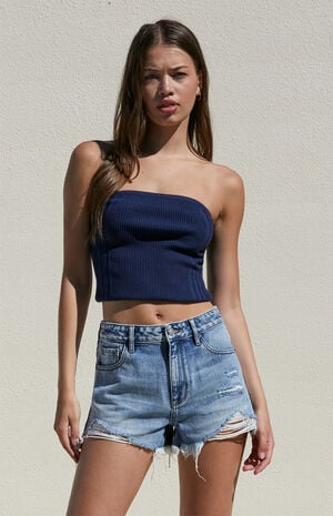 Light Indigo Ripped High Waisted Denim Festival Shorts image number 3