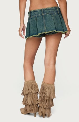 Frayed Pleated Denim Mini Skort Frayed Pleated Denim Mini Skort image number 3