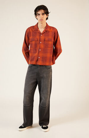 Orange Washed Cropped Camp Flannel Shirt image number 4