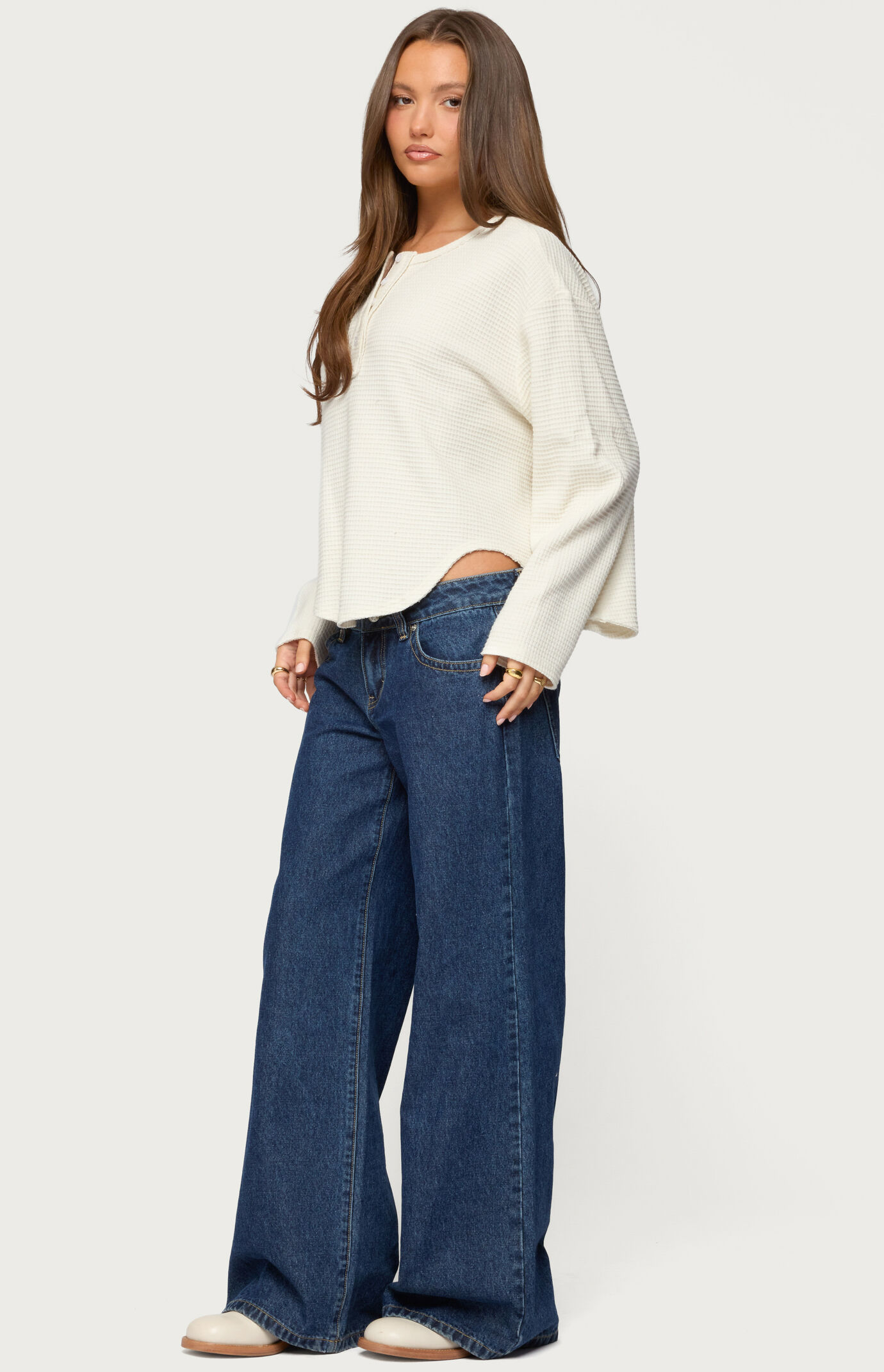 Edikted Alisia Oversized Waffle Henley Top