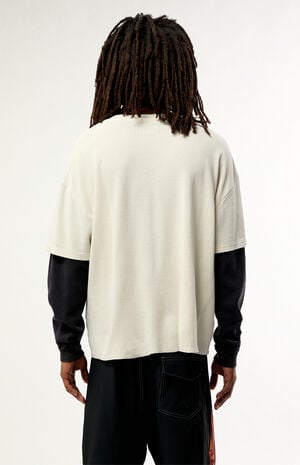 Cream Waffle Knit 2Fer Layered Long Sleeve T-Shirt image number 3