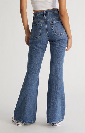 Eco Medium Blue Frayed Stripe High Waisted Flare Jeans image number 4