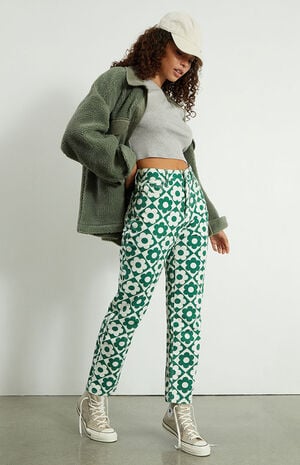Green & White Daisy High Waisted Straight Leg Jeans image number 2