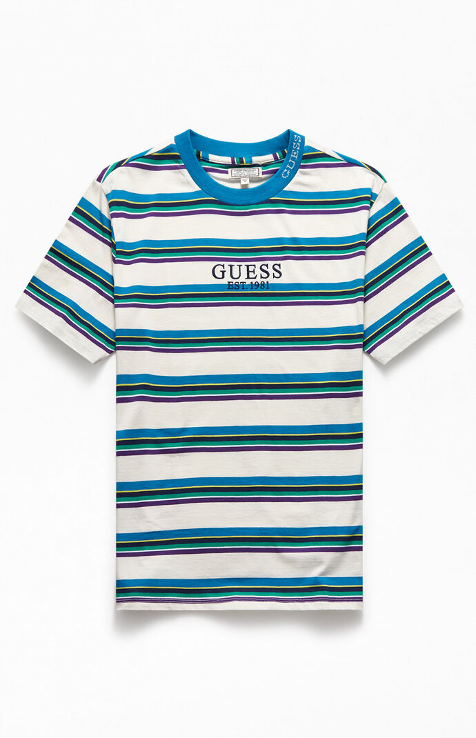 guess jeans blue and yellow striped shirt