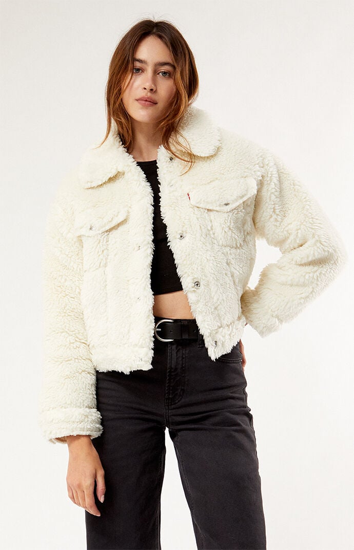 White sherpa trucker jacket cheap