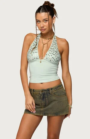 Sequin Plunge Neck Halter Top image number 1
