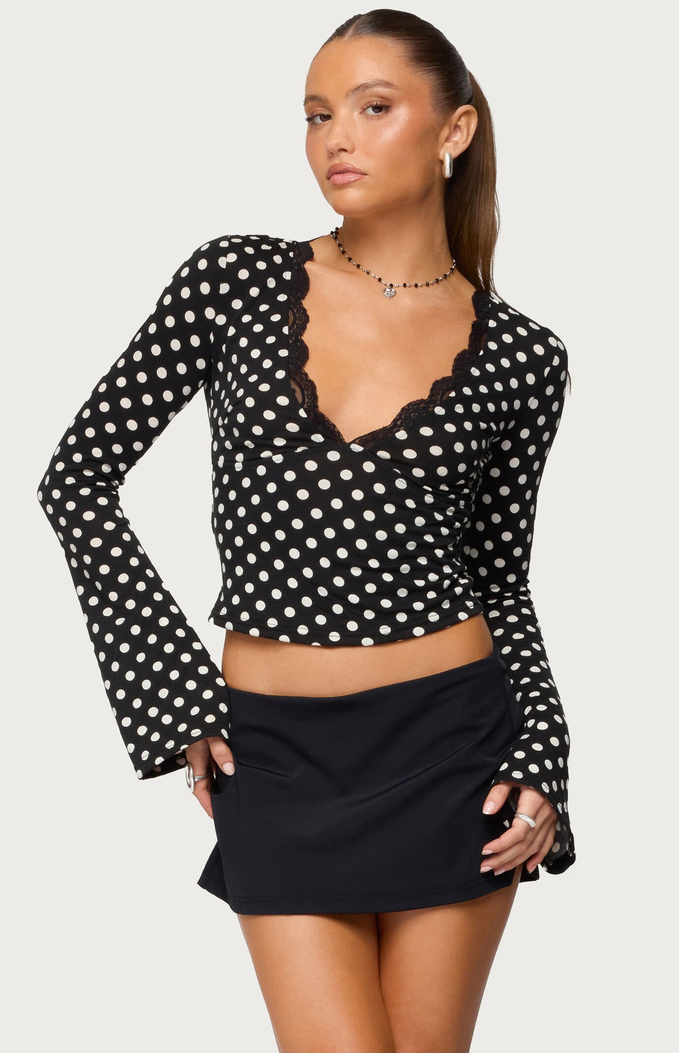 Edikted Polka Dot Lacey Plunge Neck Top