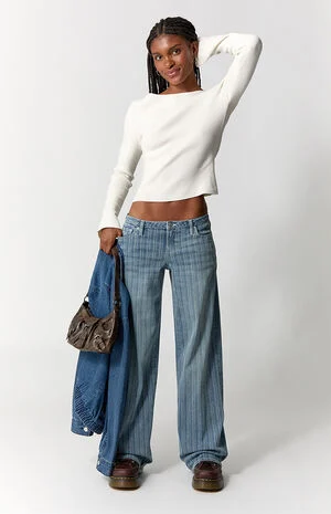 Kaia Ultimate Low Rise Baggy Jeans Stretch Striped Light Blue image number 7