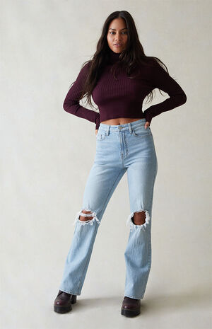 Eco Light Blue Ripped Curve High Waisted Bootcut Jeans image number 2