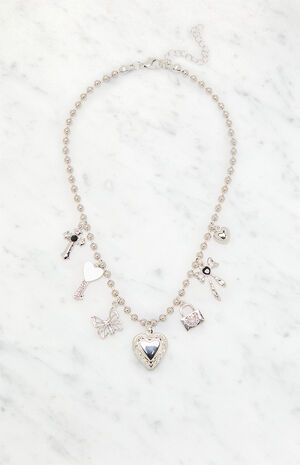 Beaded Ball Chain Heart Locket Charm Necklace image number 1