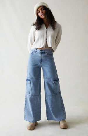 Light Indigo Extreme Wide Leg Cargo Jeans image number 2