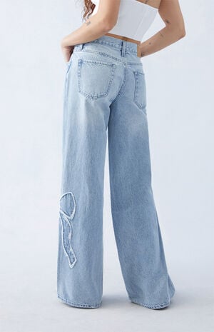 Light Indigo Bow Low Rise Baggy Jeans image number 5