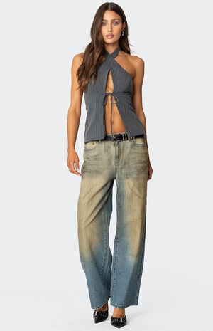 Split Front Pinstripe Halter Top image number 4