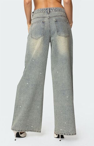 Rhinestone Low Rise Washed Jeans image number 6