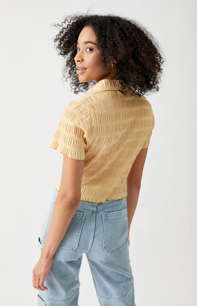 Shirred Smocked Button Down Shirt