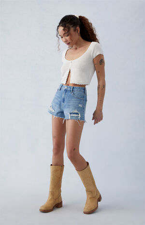 Eco Medium Indigo Ripped High Waisted Denim Festival Shorts image number 5