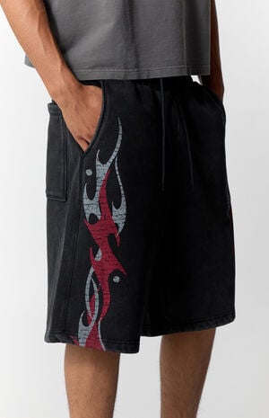 Washed Black Fleece Graphic Baggy Sweat Shorts image number 5