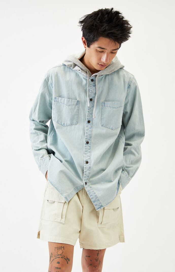 Hooded Denim Long Sleeve Button Up Shirt