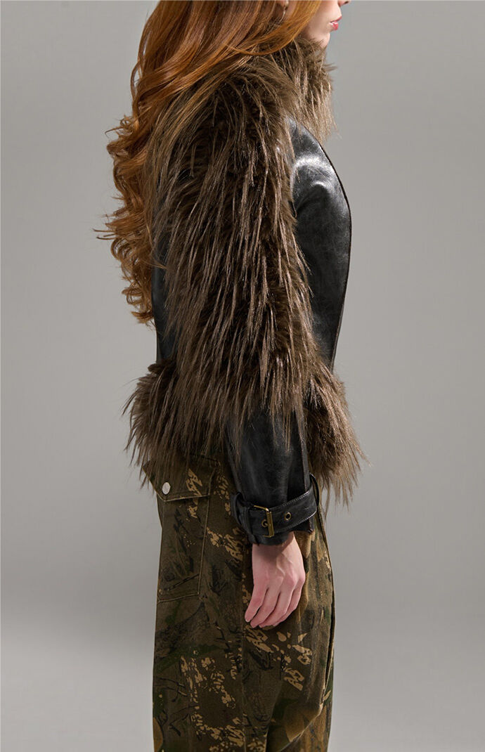AZALEA WANG Tahlis Espresso Faux Fur Moto Jacket