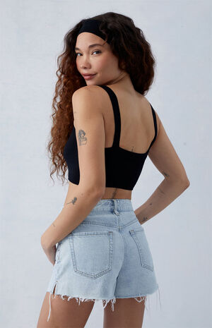 Eco Light Indigo Ripped Studded High Waisted Denim Festival Shorts image number 3