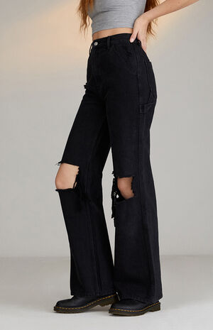 Black Distressed Ultra High Waisted Flare Carpenter Pants image number 3