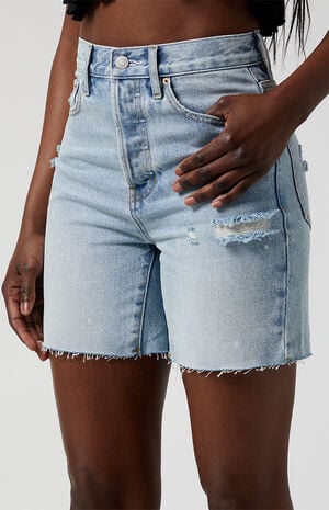 Light Indigo Ripped Frayed Denim Dad Shorts