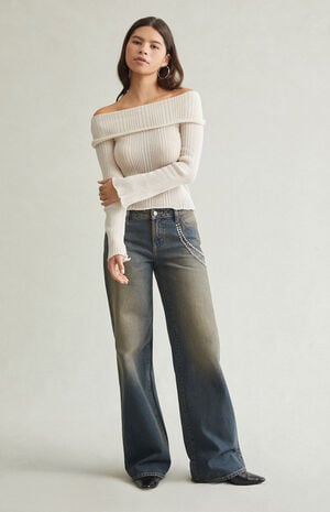 Casey Low Rise Baggy Jeans Rhinestone Chain Tinted Blue image number 1