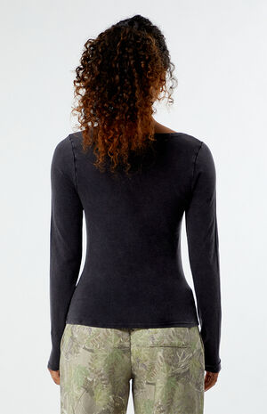 Ashlee Washed Notched Henley Long Sleeve Top image number 3
