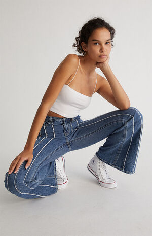 Eco Medium Blue Frayed Stripe High Waisted Flare Jeans image number 3