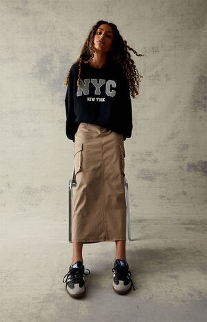 Mocha Stretch High Waisted Cargo Midi Skirt image number 1