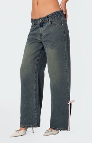 Bow Slitted Vintage Washed Jeans image number 4