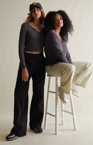 Waffle Knit Notched Neck Long Sleeve Top image number 1