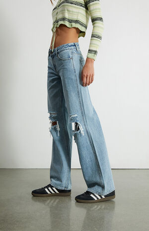 Light Blue Ripped Low Rise Baggy Jeans image number 3