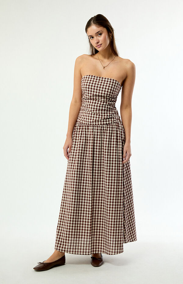 gingham strapless drop waist maxi dress in pink Adley Strapless Maxi Dress