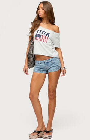 Pleated Low Rise Denim Micro Shorts image number 5