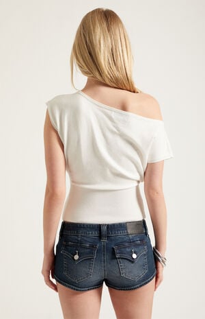 Tatum Ultimate Low Rise Denim Micro Shorts Stretch Button Dark Blue image number 4