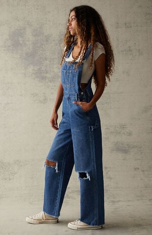 Dark Blue Ripped Denim Workwear Overalls image number 2
