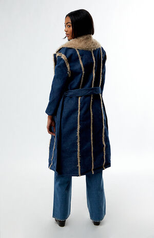 Denim Faux Fur Trim Trench Coat image number 4