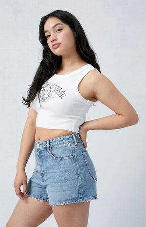 Eco Stretch Medium Indigo Curve High Waisted Denim Festival Shorts image number 3