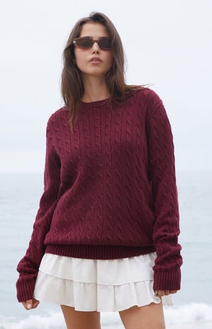 Burgundy Cable Knit Sweater image number 1