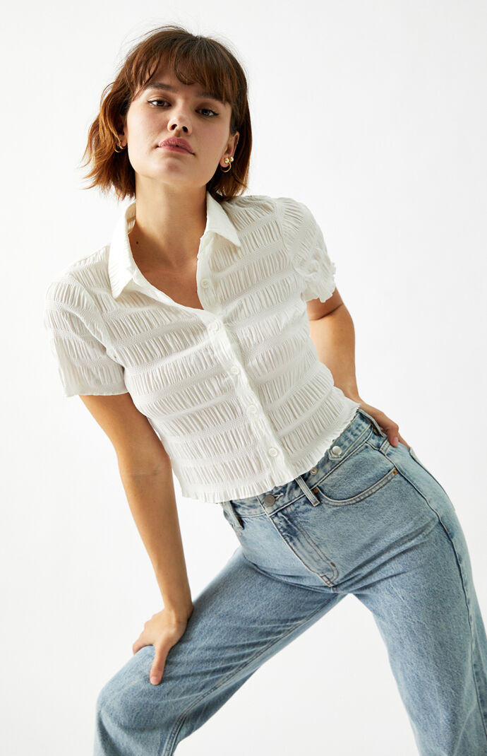 Shirred Smocked Button Down Shirt