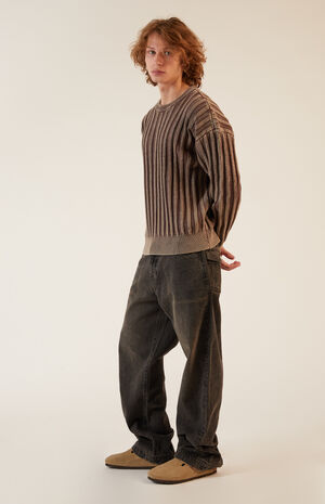 Brown Wide Ribbed Knit Crew Neck Sweater image number 4