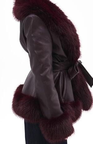 Kenzy Burgundy Faux Leather & Fur Belted Coat image number 1