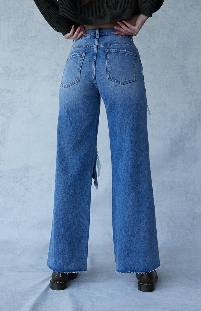 Medium Blue Distressed High Waisted Baggy Jeans