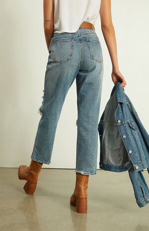 PacSun Eco Medium Blue Distressed High Waisted Straight Leg Jeans | PacSun