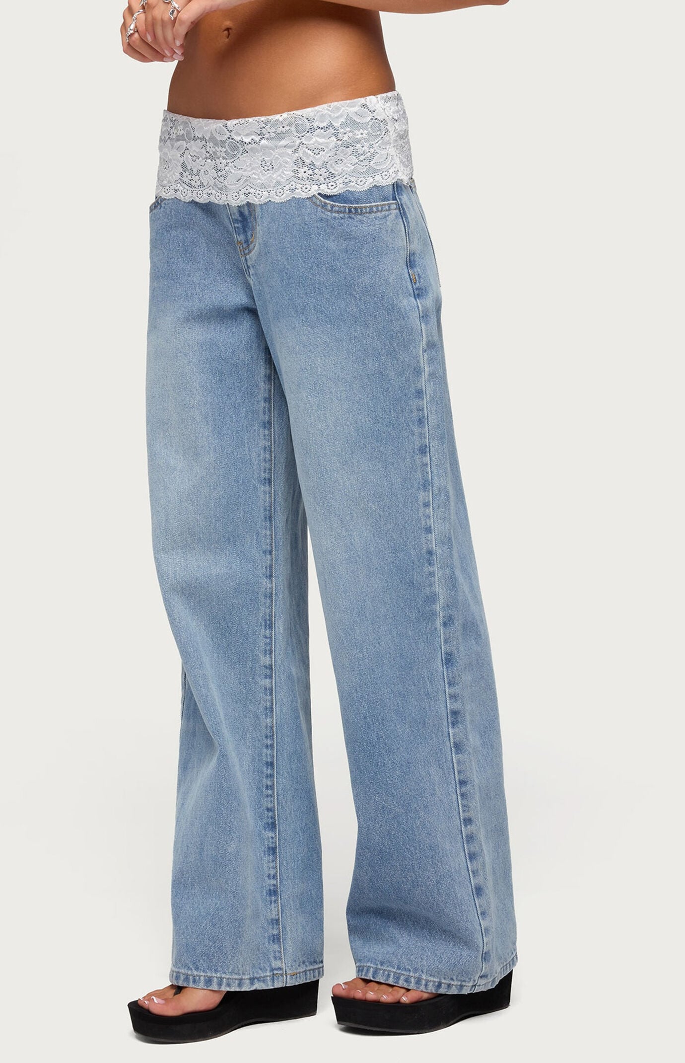 Edikted Lacey Foldover Low Rise Baggy Jeans